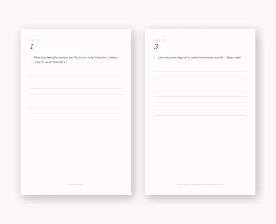 Journal prompt page spread with a day's reflection question and lined space to write